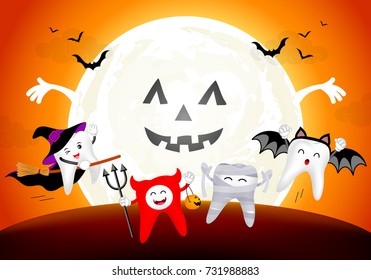 Funny cute cartoon tooth character. witch, devil, mummy and bat in moon night, happy Halloween concept. Design for banner, poster, greeting card. Illustration.