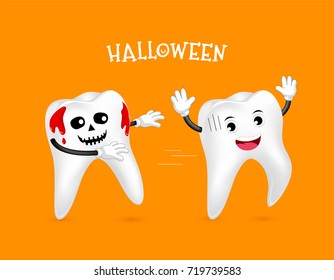 Funny Cute cartoon tooth characters, Tooth with blood. Trick or Treat concept, Happy Halloween day,  illustration on orange background.