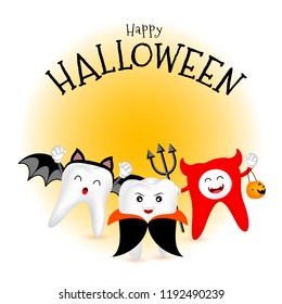 Funny cute cartoon tooth. Witch, mummy and monster character. Happy Halloween concept. Design for banner, poster, greeting card. Illustration.