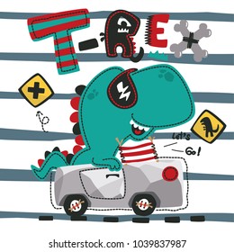 Funny cute cartoon t-rex wearing sunglasses and driving a car on striped background illustration vector.