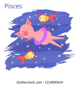 Funny and cute cartoon vector zodiac sign with pig. The Fish (Pisces). Piglet with heart shaped nose is swimming with fishes
