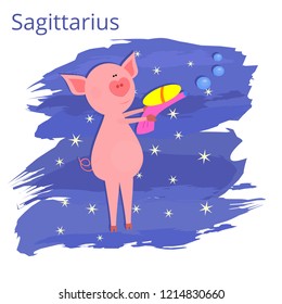 Funny and cute cartoon vector zodiac sign with pig. The Archer (Sagittarius). Piglet with heart shaped nose is playing with water gun. Night sky background with stars.