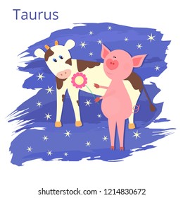Funny and cute cartoon vector zodiac sign with pig. The Bull (Taurus). Piglet with heart shaped nose gives flower to cow. Night sky background with stars.