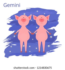 Funny and cute cartoon vector zodiac sign with pig. The Twins (Gemini). Couple of piglets with heart shaped nose at night sky background with stars.
