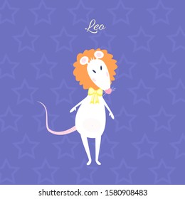 Funny and cute cartoon vector zodiac sign with rat. The Lion (Leo). White mouse with heart shaped nose, lions hair (peruke) and bow. Purple galaxy night background with star pattern.