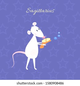 Funny and cute cartoon vector zodiac sign with rat. The Archer (Sagittarius). White mouse with heart shaped nose is playing with water gun. Purple galaxy night background with star pattern.