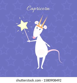 Funny and cute cartoon vector zodiac sign with rat. The Mountain Sea-goat (Capricorn). White mouse with heart shaped nose wearing goats horns and holding magic stick. Purple starry night background