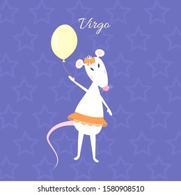Funny and cute cartoon vector zodiac sign with Rat. The Maiden (Virgo). White mouse with heart shaped nose in a orange skirt (ballet tutu) and bow is holding yellow balloon. Purple starкy background