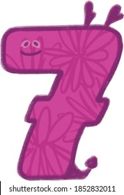 funny cute cartoon violet flower pestel pattern dragon numeral 7 hand drawn vector