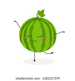 Funny cute cartoon watermelon dancing ballet. Vector flat illustration isolated on white background 