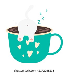 Funny cute cat ass sleep in the coffee cup isolated vector in white background