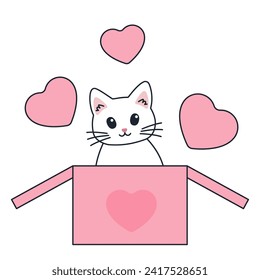 Funny cute cat in box and hearts. Cute white cat. Doodle cartoon style