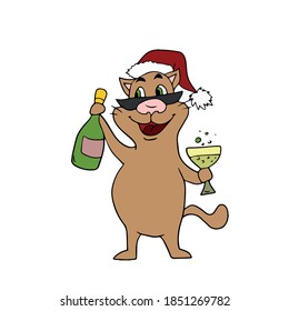 Funny cute cat in a Christmas hat holding a bottle of champagne and a glass .vector children's illustration on a white isolated background for banners, postcards and stickers.
