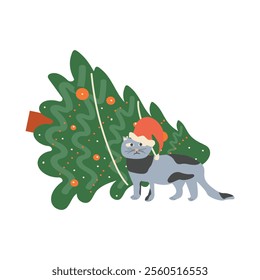 Funny cute cat with christmas tree. Vector illustration. 