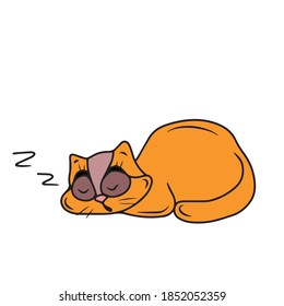 Funny cute cat curled up in a ball and sleeping. Vector children's illustration on a white background. For banners, postcards and stickers