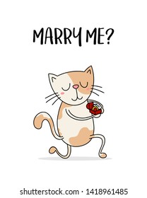 Funny cute cat with diamond ring in hands. Marry me cartoon flat vector illustration greetings card