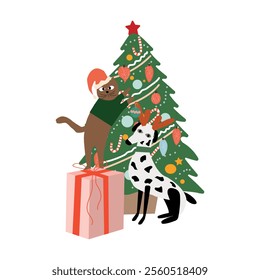 Funny cute cat and dog with christmas tree. Vector illustration. 