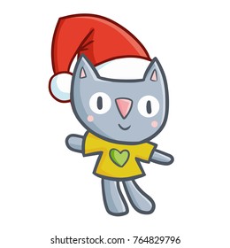 Funny and cute cat doll wearing Santa's hat for Christmas and smiling - vector.