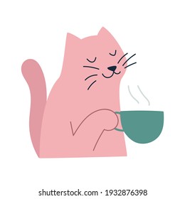 Funny cute cat drink coffee. Vector illustration for greeting card, t shirt, print, stickers, posters design.  