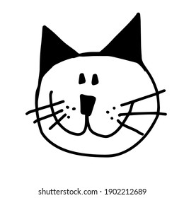Funny cute cat face. Contour for tattoo, logo, emblem and design element. Hand drawn sketch of a cat. Vector  illustration, Isolated on a white background.