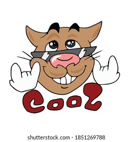 Cara divertida de gato lindo con gafas y texto fresco .ilustración de niños vectoriales en un fondo blanco aislado para carteles, postales y stickers.
