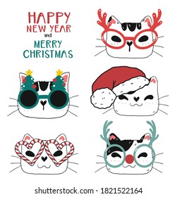 Funny Cute Cat Face Heads With Set Of Christmas Glasses, Flat Vector Illustration, Cute Doodle Hand Drawn Clip Art Element Idea For Greeting Card, Clipart Planner, Sticker, Wall Art. 