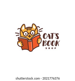 Funny cute cat with glasses and a book. Logo design template. Cartoon style. Vector illustration.