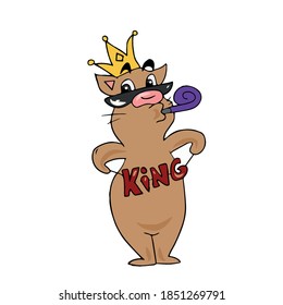 Funny cute cat with glasses in a crown holding a ribbon with the text king.vector children's illustration on a white isolated background for banners, postcards and stickers.