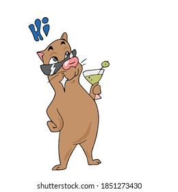 Funny cute cat with glasses holding a glass .vector children's illustration on a white isolated background for banners, postcards and stickers.