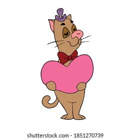 Funny cute cat in a hat holding a pink heart .vector children's illustration on a white isolated background for banners, postcards and stickers.