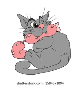 Funny cute cat holding two sausages in his mouth .On a white isolated background. Hand-drawn. Vector illustration of food