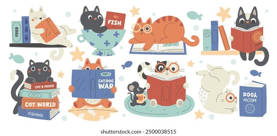 Funny cute cat kawaii pet animal cartoon character reading book, enjoying rest and study process. Clever kitten at bookstore, home library upgrading knowledge, having leisure time vector illustration