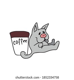 Funny cute cat leaned on a Cup of coffee. Vector children's illustration on a white background. For banners, postcards and stickers