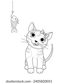 A funny cute cat licks his lips when he sees a fish on a hook. Black and white linear image. The illustration is done by hand in a cartoon style. Concept for greeting cards, coloring pages.