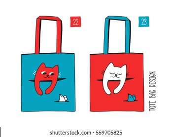 Funny cute cat and little mouse are looking to each other or dreaming. Tote canvas bag design. Fashion textile design in 3 colors. Set of hand drawn vector elements.