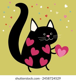 Funny cute cat in love with pink hearts, flat vector illustration on green background