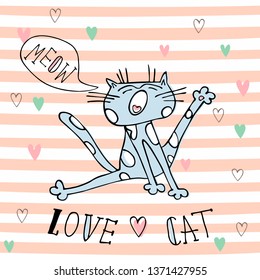 Funny cute cat meows. Cute style. Vector.