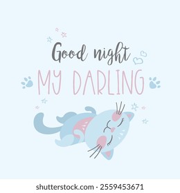 Funny cute cat and phrase - good night my darling, hand drawn lettering and domestic pet. doodle vector illustration