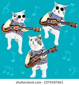 funny cute cat playing music guitar isolated illustration vector watercolor