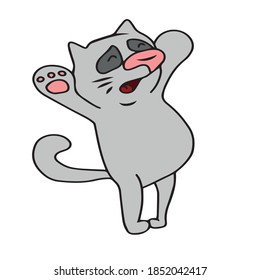 Funny cute cat pulls up. Vector children's illustration on a white background. For banners, postcards and stickers