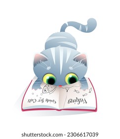 Funny cute cat reading a book or studying. Adorable curious kitten reading book illustration for kids. Education and study vector clip art. Domestic animal graphics for children