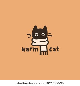 Funny cute cat in a scarf  logo design template. Vector illustration.