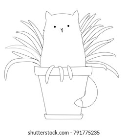 Funny cute cat sitting in a flower pot with a homemade flower in Doodle style. Vector illustration.