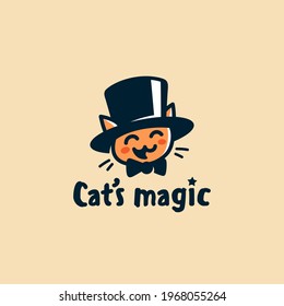 Funny cute cat in top hat and bow tie. Logo design template. Cartoon style. Vector illustration.