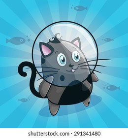 Funny and cute cat underwater with fish