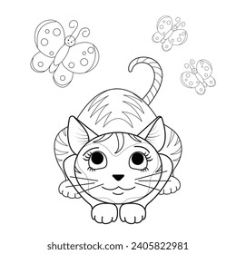 Funny cute cat watches butterflies. Black and white linear image. The illustration is done by hand in a cartoon style. Concept for greeting cards, coloring pages.