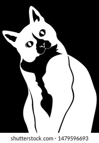 Funny and cute cat watching with interest, black stencil on the white background, vector hand drawing 