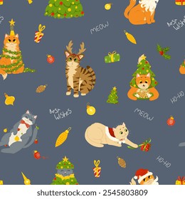 Funny, cute cats celebrating Christmas and New Year seamless pattern. Background of kittens playing with Christmas decorations. Vector cartoon flat design for print on fabric, wrapping. Best Wishes