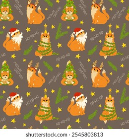 Funny, cute cats celebrating Christmas and New Year. Background of kittens playing with Christmas decorations. Vector cartoon seamless pattern for holiday print on fabric, wrapping. Meowy Catmas