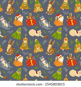 Funny, cute cats celebrating Christmas and New Year. Background of kittens playing with Christmas decorations. Vector cartoon seamless pattern for holiday print on fabric, wrapping. Merry Catmas